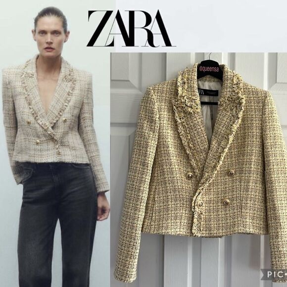 ZARA Double Breasted Tweed Weave Cropped Jacket - Picture 1 of 16